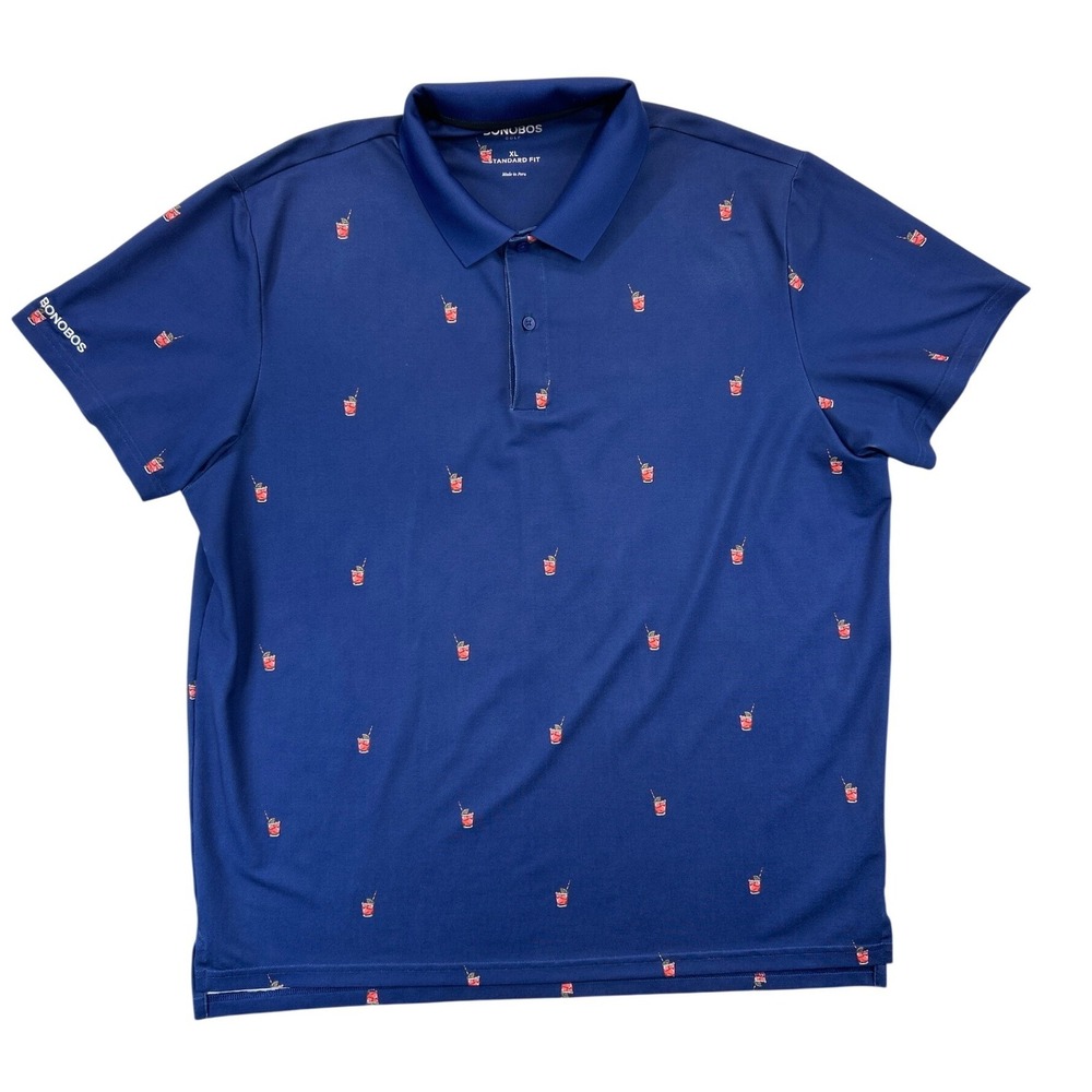 Bonobos Golf Polo‎ Mens XL Blue Cocktail Drink Print Standard Fit Performance